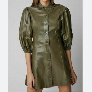 Beulah Green Coated Vegan Leather Button Down Puff Sleeve Minidress- S